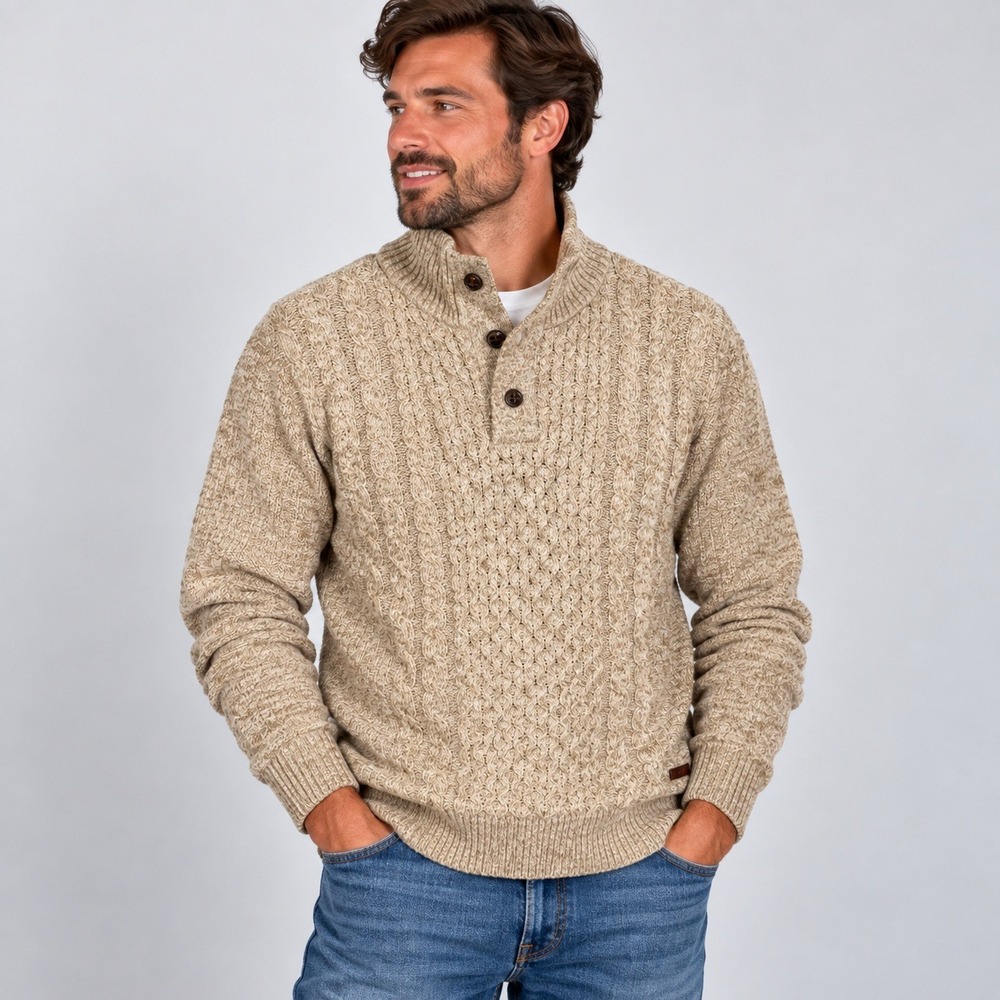 Buffalo David Bitton Mens Tan Cable Knit Mock Neck Button Sweater Large